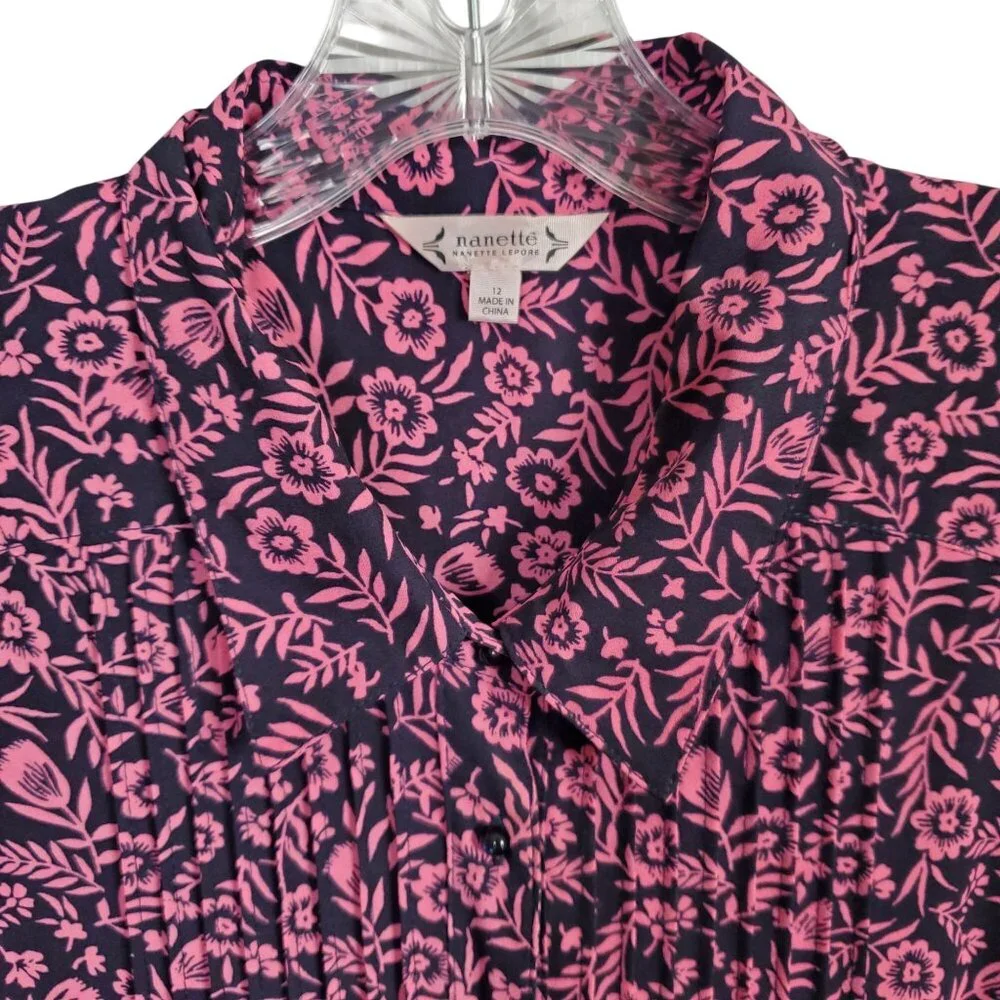 Nanette Lepore 12 Dress Floral Cottage Prairie Fit Flare Button Front Navy Pink - Picture 5 of 12